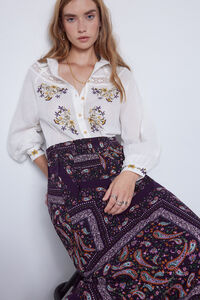 Cortefiel Embroidered and entredeux trim blouse. White