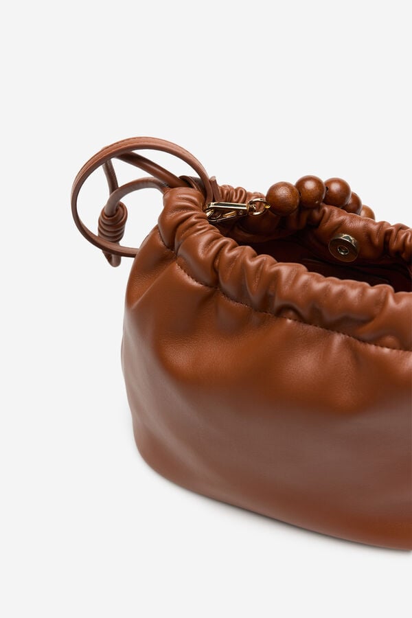 Cortefiel Gathered bag with wooden bead handle Brown