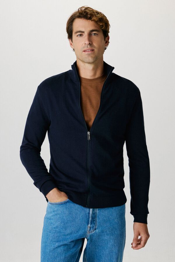 Selected High neck cardigan made of organic cotton. Regular fit.  Navy
