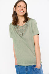 Cortefiel Round-neck guipure T-shirt with patch Kaki