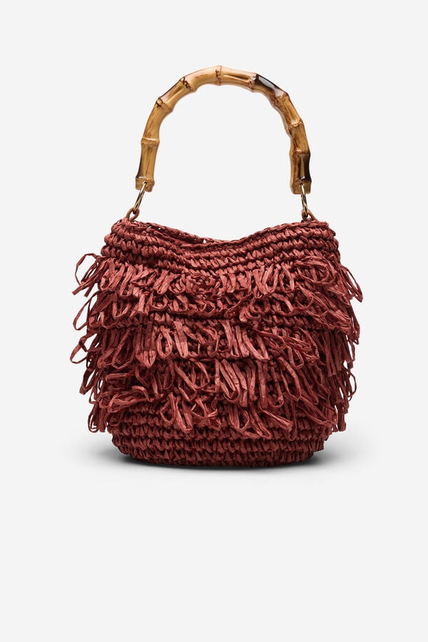 Cortefiel Raffia fringed handbag Brown