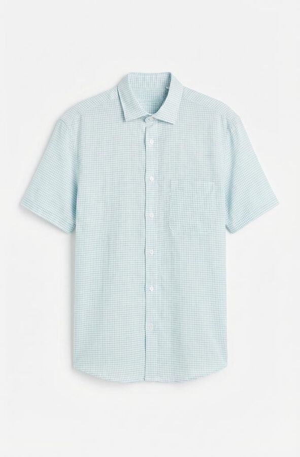 Cortefiel Checked cotton linen short sleeve shirt Green