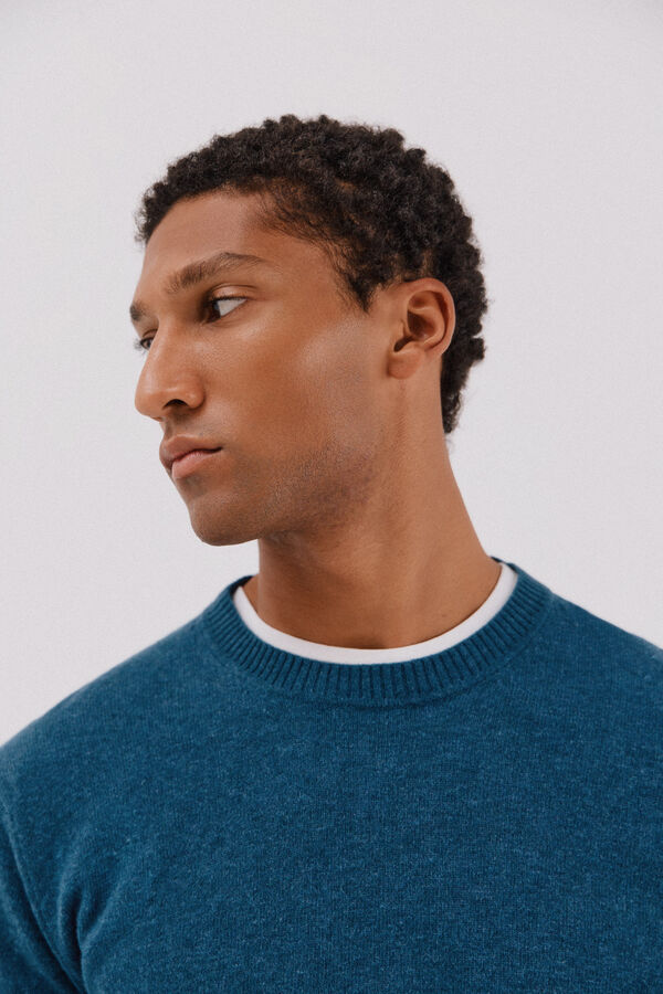 Cortefiel Lambswool jumper with round neck Blue