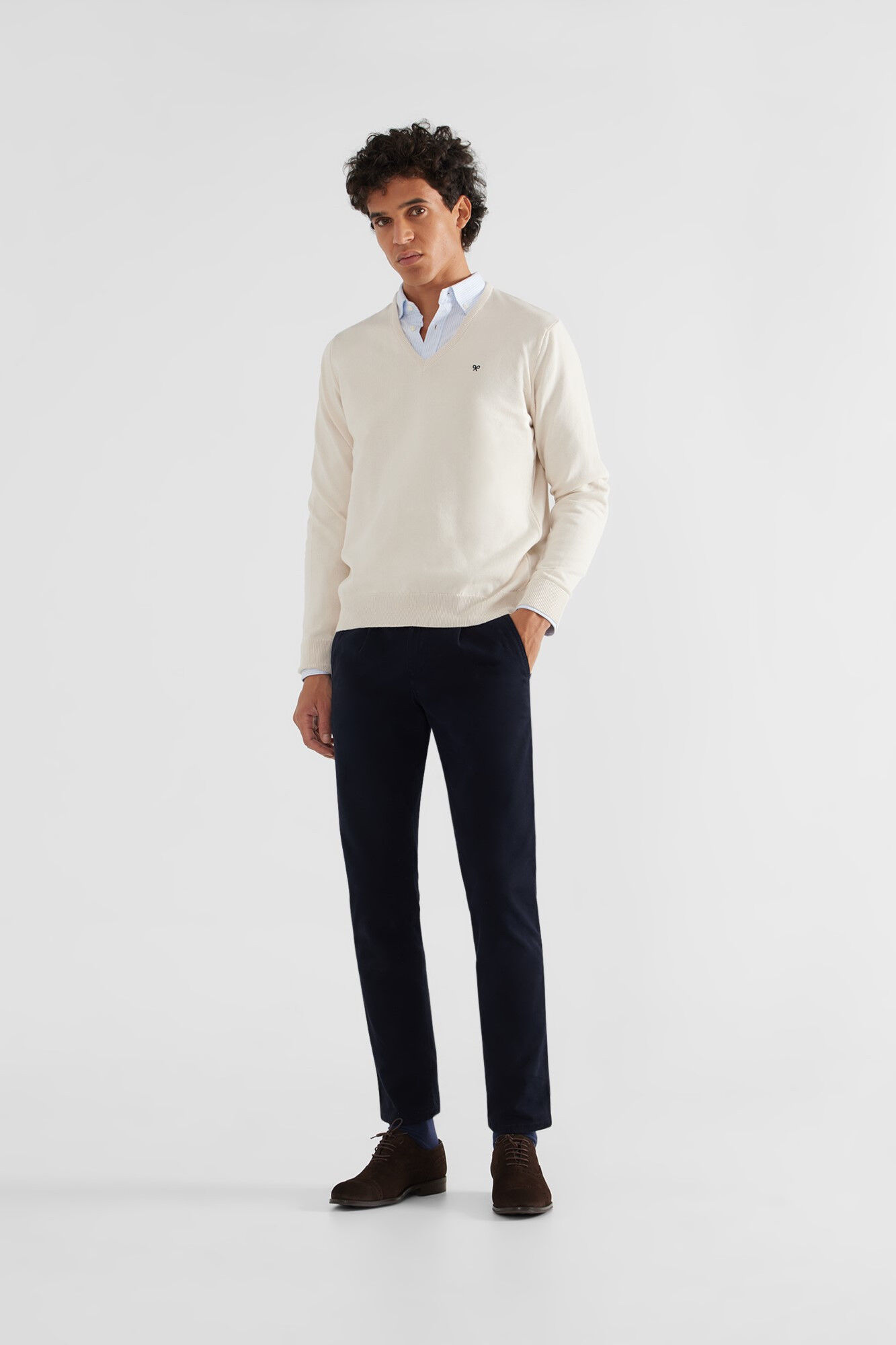 Mens beige v neck jumper top