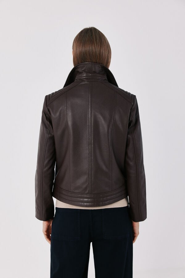 Cortefiel Leather zip fastening jacket Dark brown