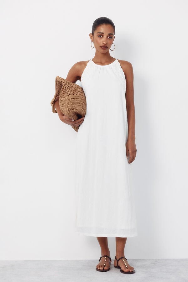 Cortefiel Halterneck dress with floral crochet ribbon White