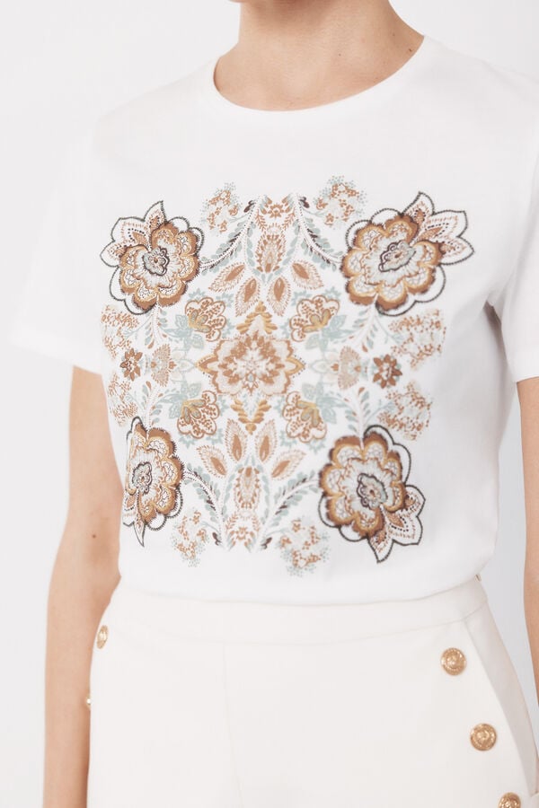 Cortefiel Floral print t-shirt Ivory