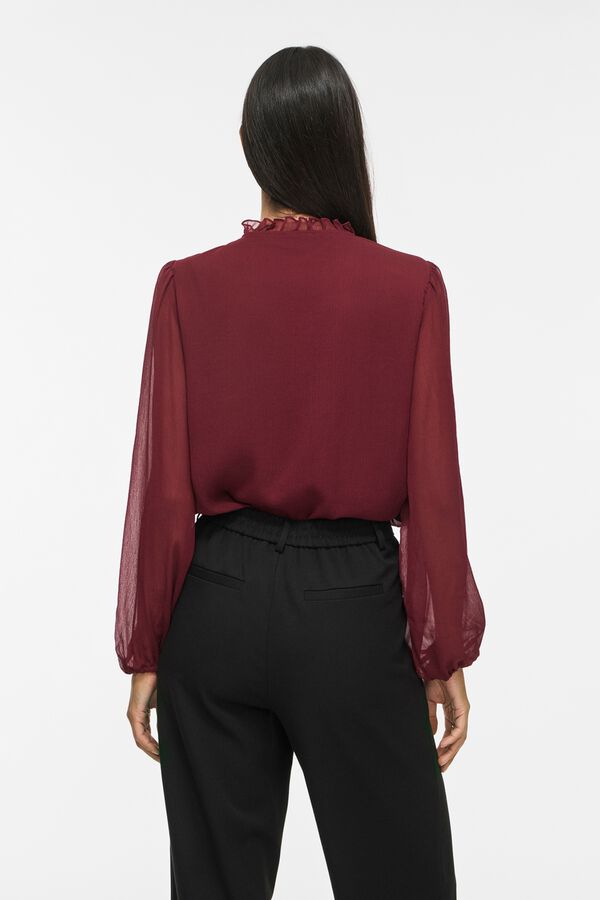 Vila Blusa semitransparente com gola franzida Vermelho