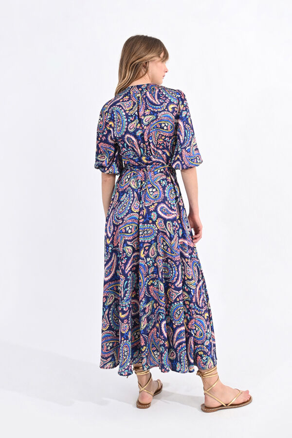 Cortefiel Long dress with printed motif and tie detail Multicolour