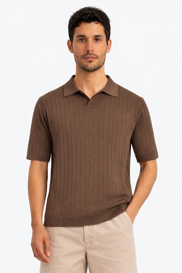 Selected Polo de malha canelada Castanho