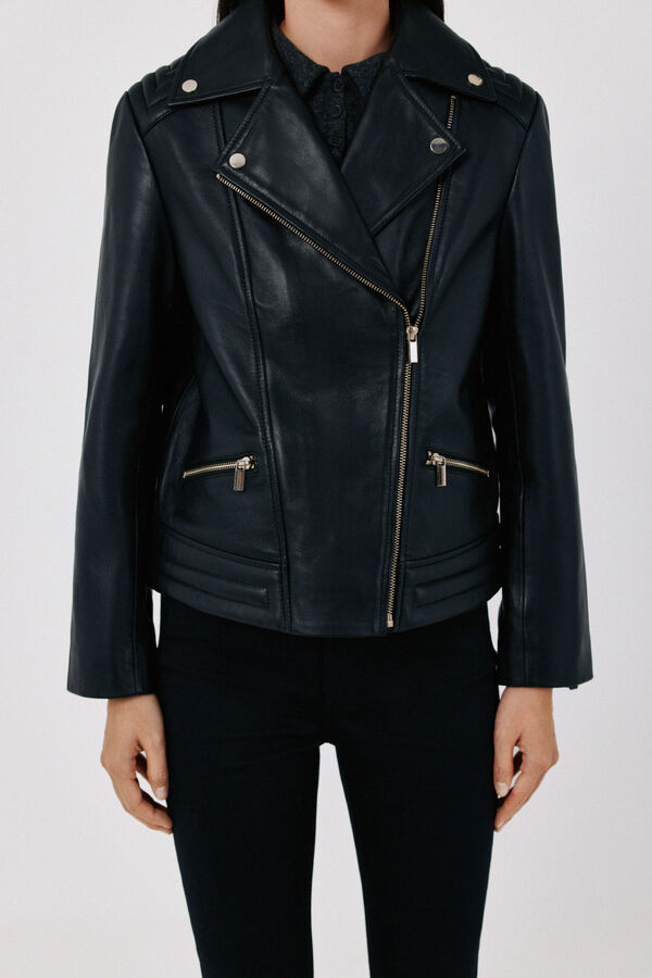 Cortefiel Leather zip fastening jacket Black