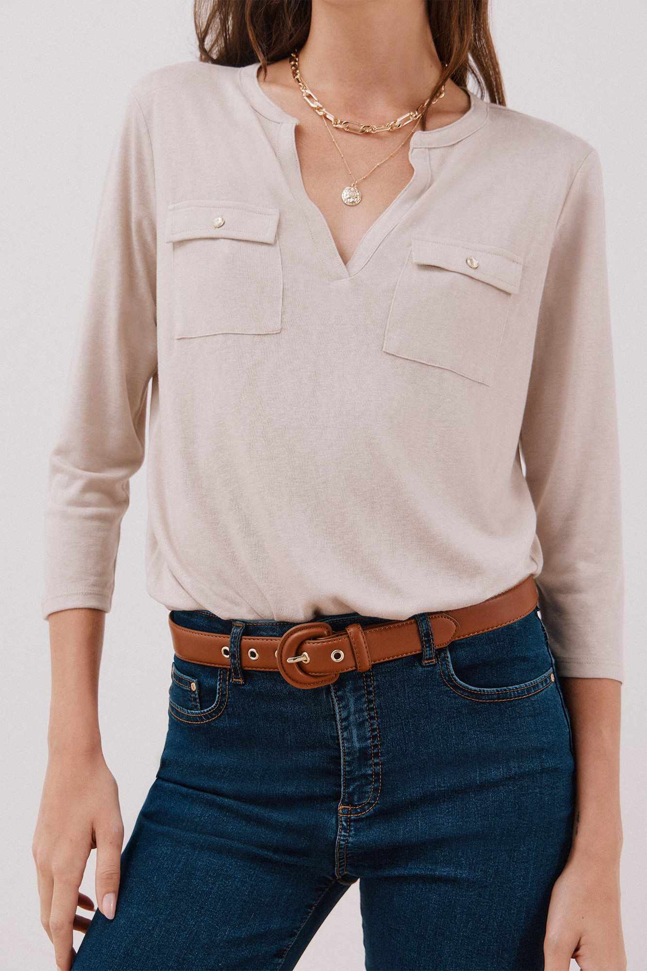 Cortefiel linen effect mandarin collar T-shirt