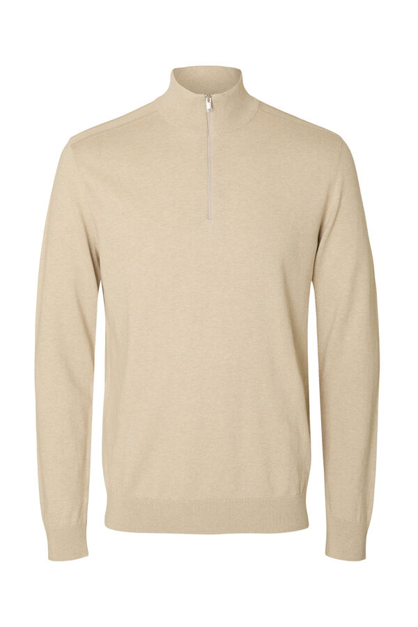 Selected Knitted pullover with half zip 100% cotton Beige