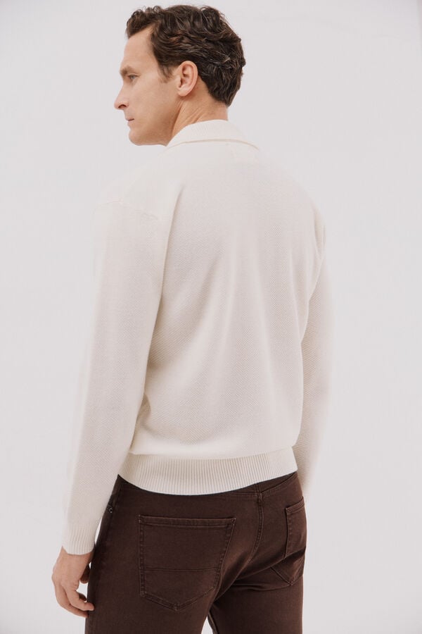 Cortefiel Suéter estruturado de lã com gola polo Ecru
