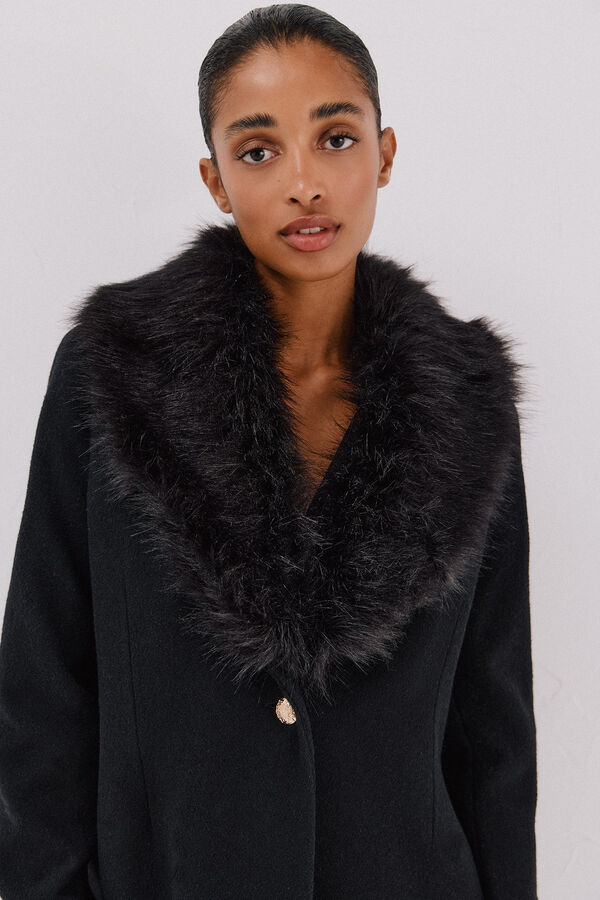 Cortefiel Coat with fur effect detail Black