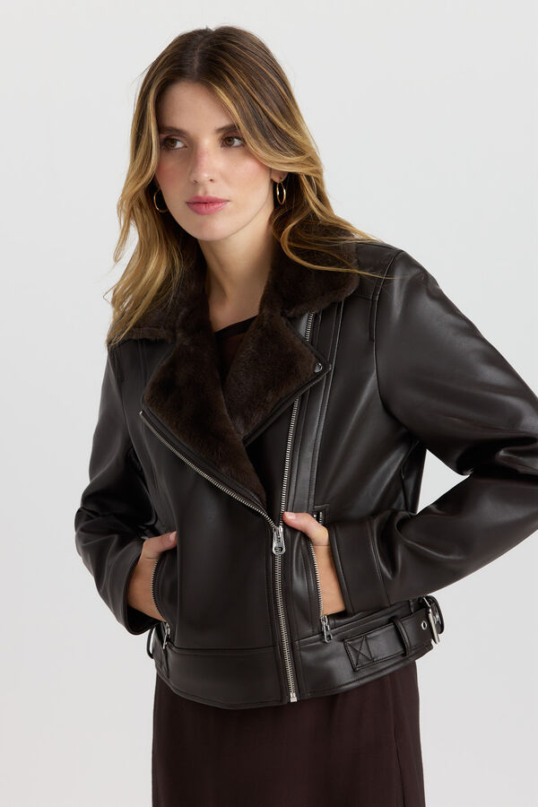 Vero Moda Faux leather jacket with faux fur Dark brown