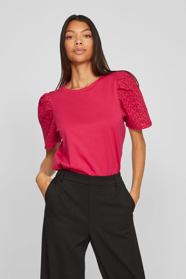 Cortefiel Short-sleeved T-shirt with broderie anglaise detail Red