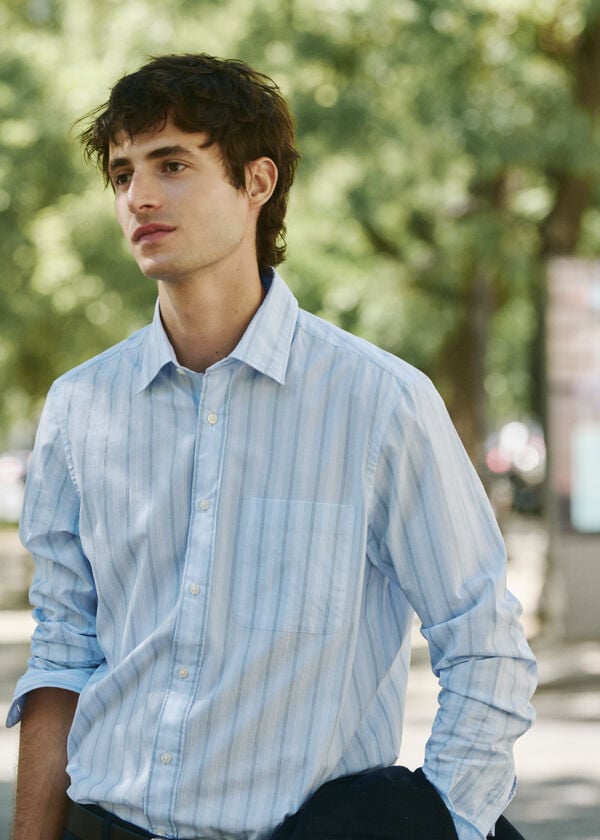 Cortefiel Striped poplin shirt Blue