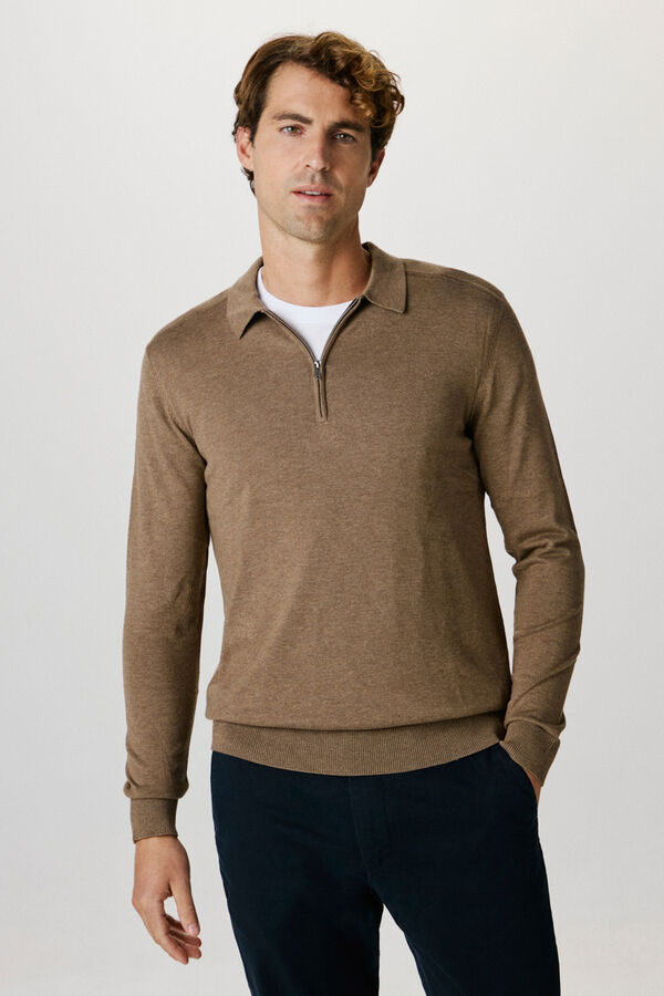Selected Camisola polo 100% algodão com meia fecho-éclair . Castanho
