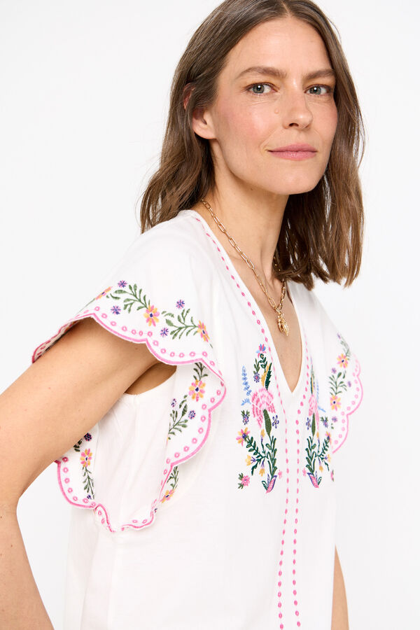 Cortefiel Camiseta con detalles bordados florales Blanco