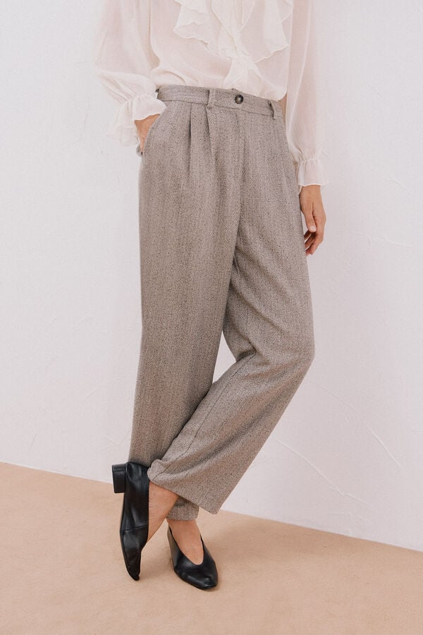 Cortefiel Long, wide-legged trousers with double pleats Beige
