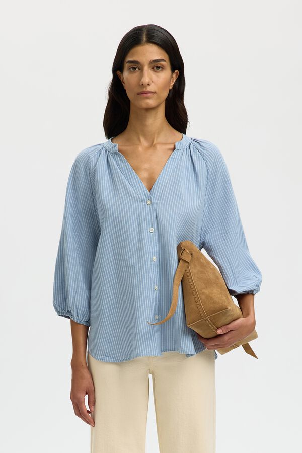 Selected Linen 3/4 sleeve blouse Blue