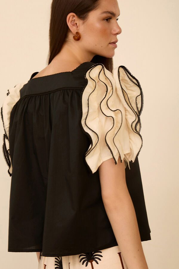 Meisie Blusa de manga curta com folhos Preto