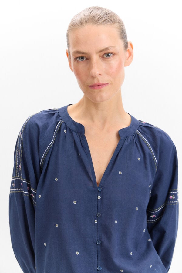 Cortefiel Floral embroidery blouse Navy