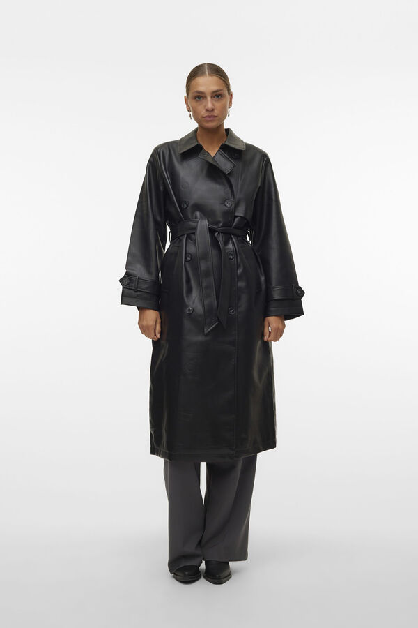Vero Moda Gabardina larga efecto piel Negro