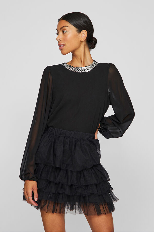 Vila Blusa de chiffon com pedraria no gola Preto