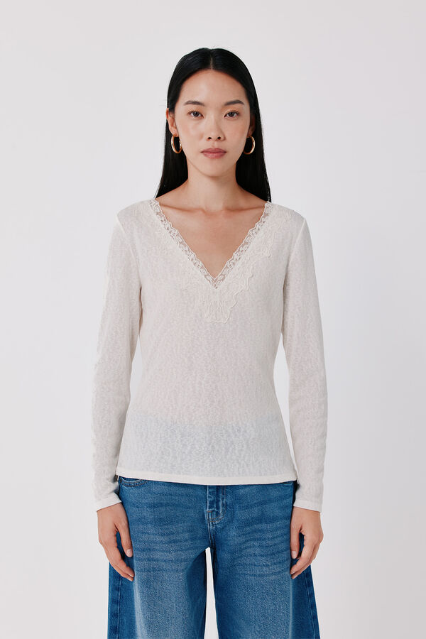 Cortefiel Lace neckline T-shirt Ivory