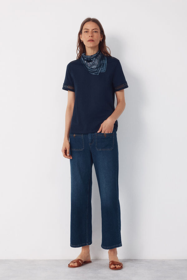 Cortefiel Hemstitch detail t-shirt Navy