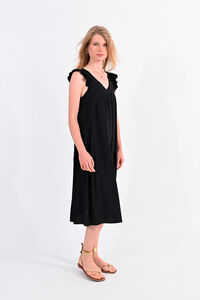 Cortefiel Long dress with short sleeves with ruffles and tie detail Black