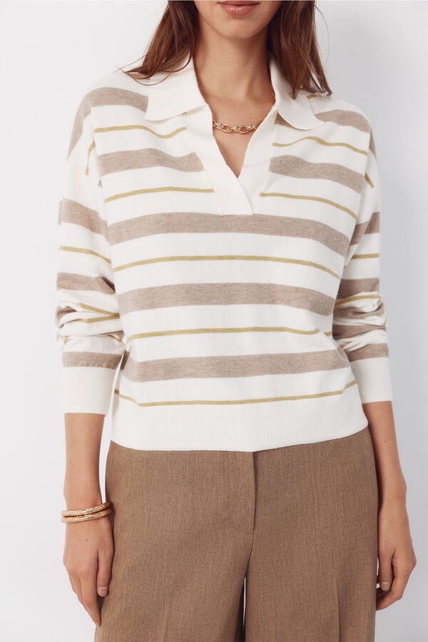 Cortefiel Striped polo jumper Ivory