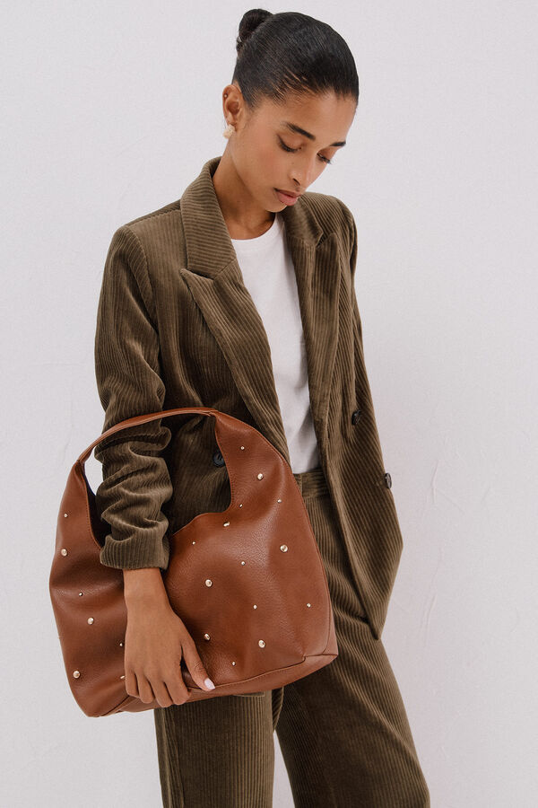 Cortefiel Studded hobo bag Nude