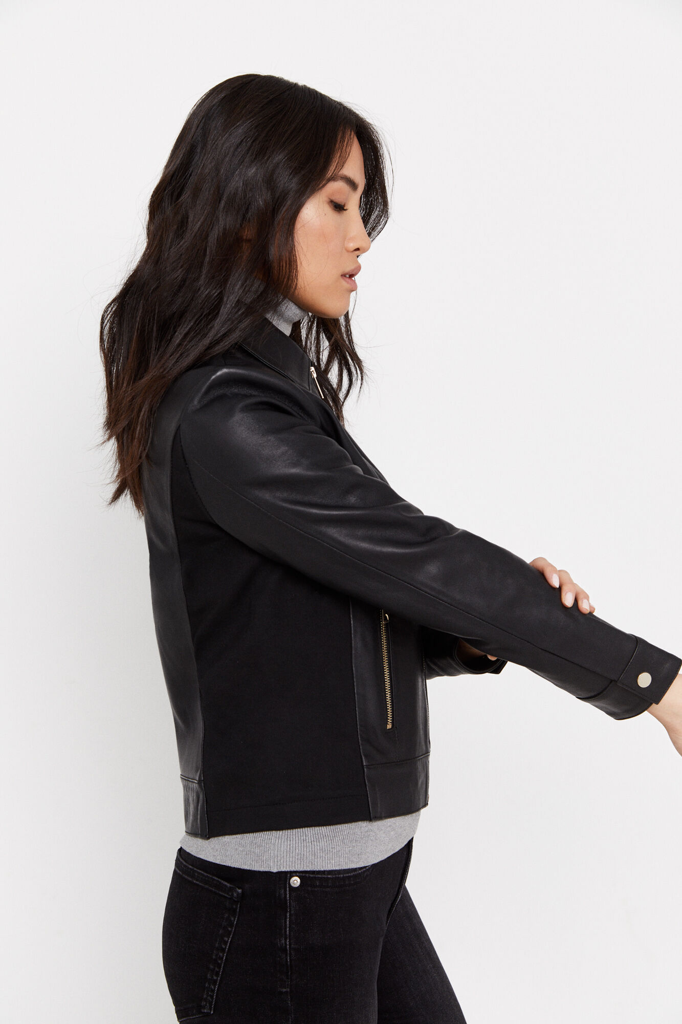 Leather jacket sale with knit sleeves