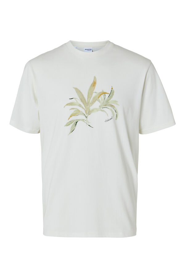 Cortefiel T-shirt de manga curta com desenho floral confecionado 100% com algodão orgânico.  Branco
