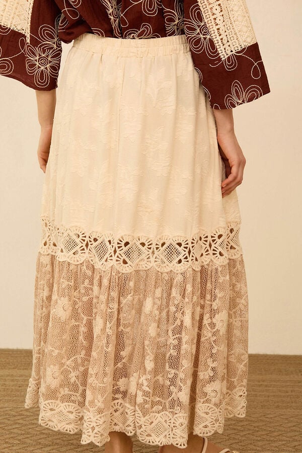 Meisie Bimaterial midi skirt Beige