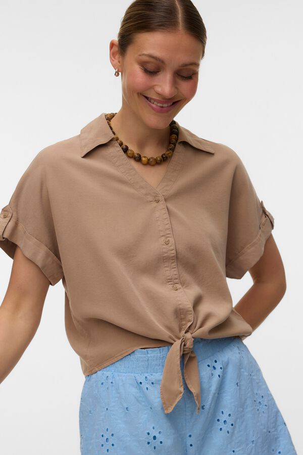 Vero Moda Camisa em tencel com n&oacute; frontal Castanho