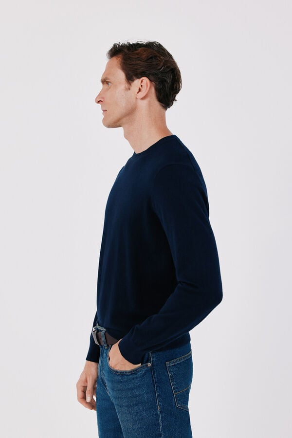 Cortefiel Cotton cashmere knit crew neck jumper Navy