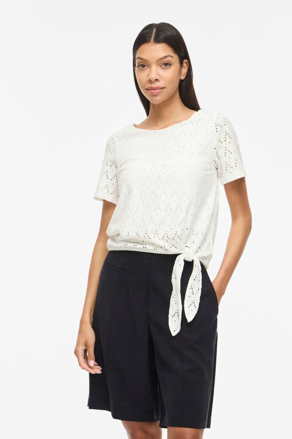 Vila Cotton openwork short sleeve top White