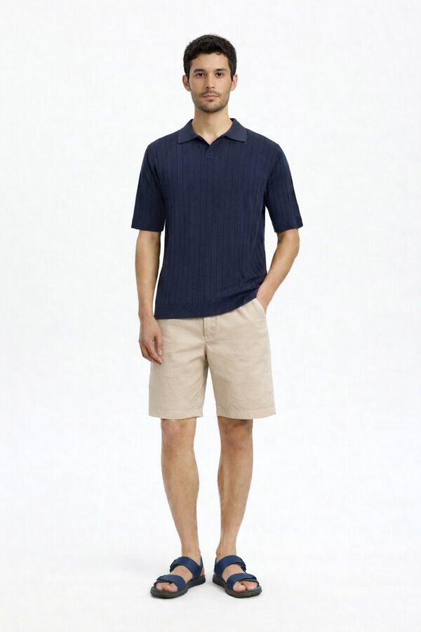Selected Ribbed knit polo shirt Navy