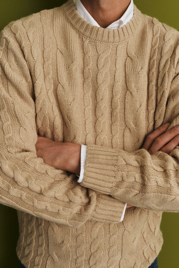 Cortefiel Jersey lana trenzado cuello caja Beige