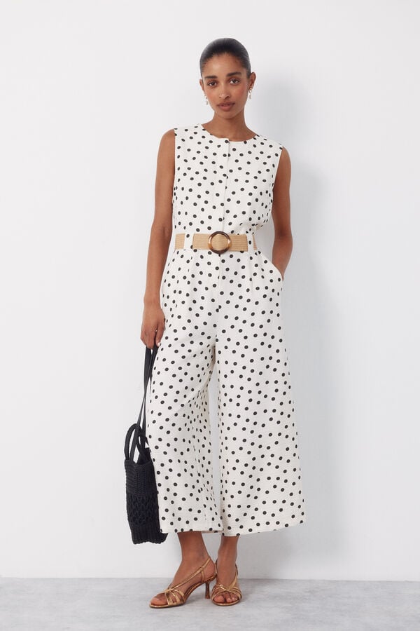 Cortefiel Belted jumpsuit Printed white