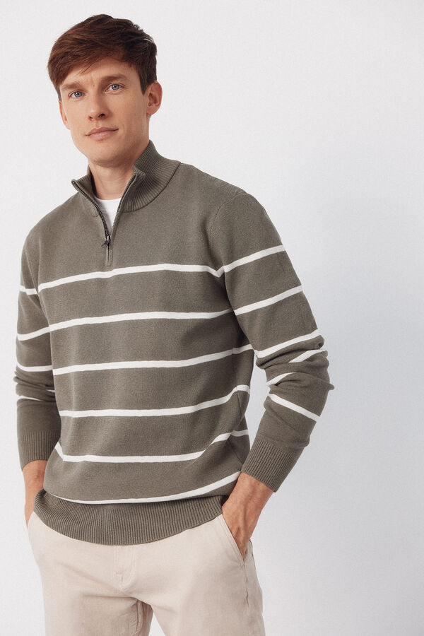 Cortefiel Striped jersey-knit with zip fastening  Kaki