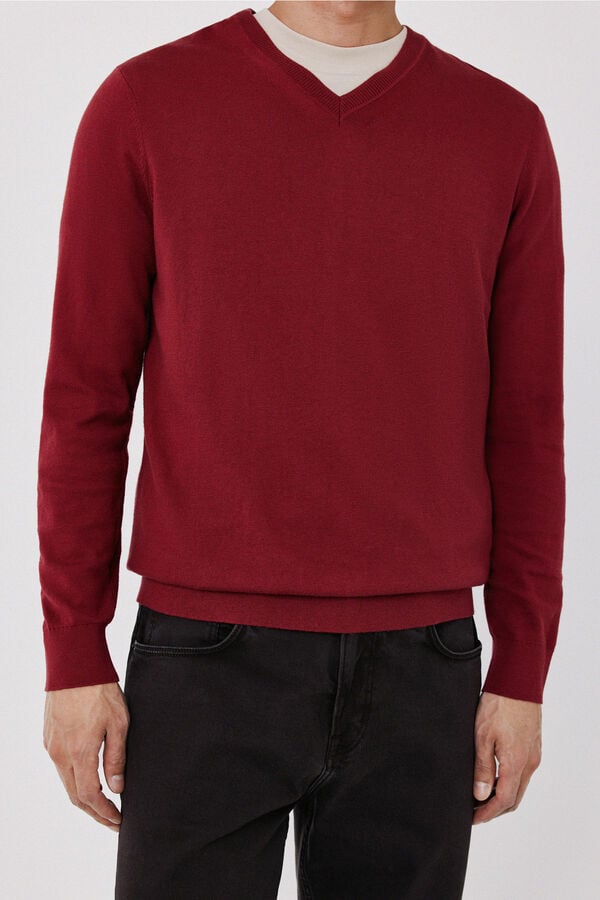 Cortefiel Cotton cashmere knit V-neck jumper Maroon
