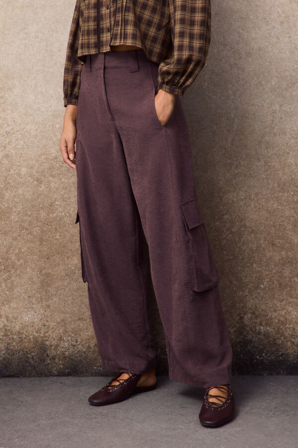 Slowlove Satin-finish cargo trousers Dark brown
