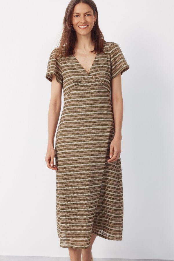 Cortefiel Striped structured dress Kaki