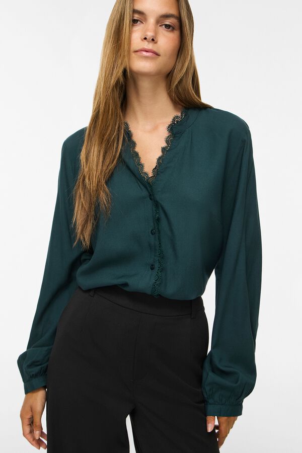 Vila Blusa de renda com decote em bico Azul