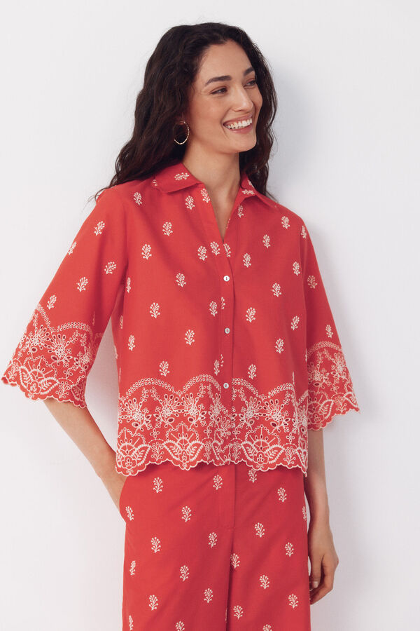 Cortefiel Embroidered shirt Coral